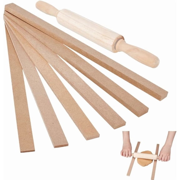 12Pcs MDF Clay Roller Tool Modeling Tools Rectangle with 1Pc Wooden Rolling Pin Tan 337x20x3~9mm creative