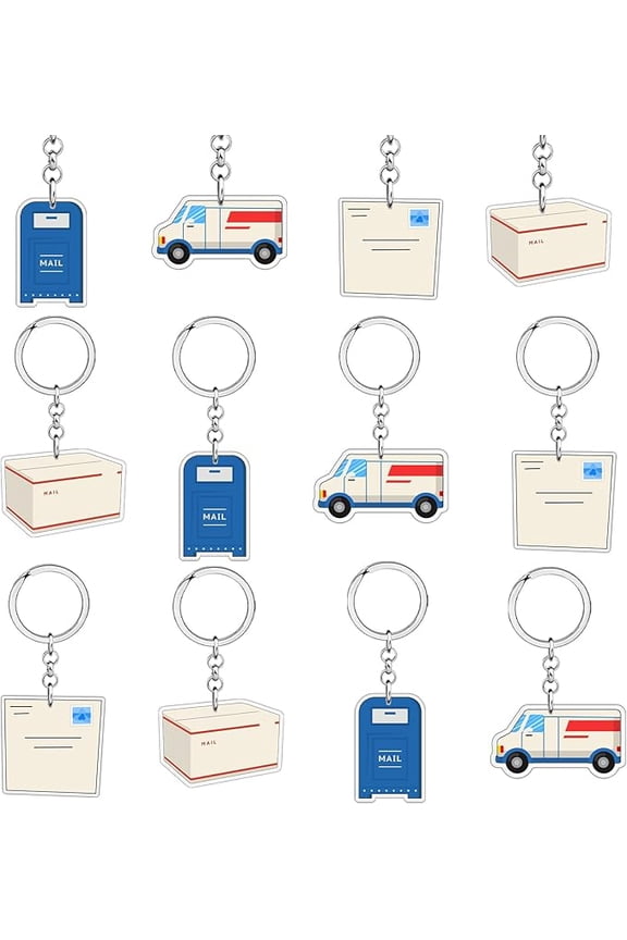 12Pcs Mailman Keychain Mailman Retirement Decorations Acrylic Postal Worker Key Ring Mailbox Mail Truck Keychain for Postal Worker Retirement Birthday Decor Party Favors