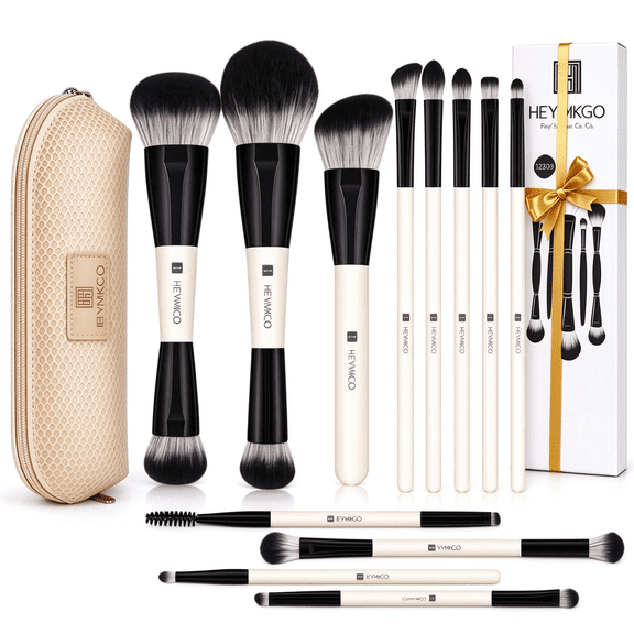 12Pcs Makeup Brush Set – Dual-Ended Foundation & Contour Brushes, Synthetic Kabuki Powder Buffer, Professional Cosmetic Tools Kit for Women, Mothers, Daughters, Girlfriends (Black)