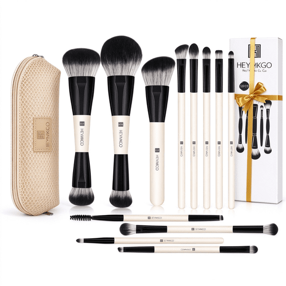 12Pcs Makeup Brush Set – Dual-Ended Foundation & Contour Brushes, Synthetic Kabuki Powder Buffer, Professional Cosmetic Tools Kit for Women, Mothers, Daughters, Girlfriends (Black)