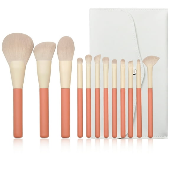 12Pcs Makeup Brush Set,Synthetic Foundation Powder Concealers, Foundation Brush, Eyeshadow Brush, with PU bag,Light red