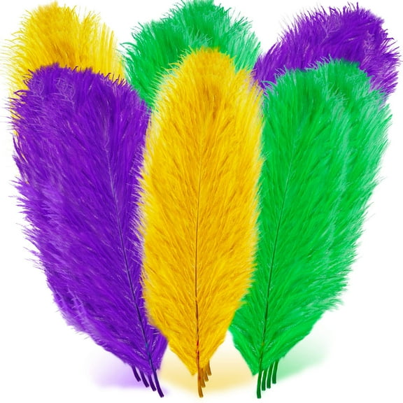 12Pcs Mardi Gras Feathers for Crafts Natural Green Gold Purple Feathers Bulk Colorful Feathers for DIY Craft Carnival Costume Mardi Gras Party Decorations, 10-12inch Long