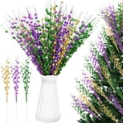 12Pcs Mardi Gras Picks 17" Mardi Gras Decoration Ornaments Mardi Gras Tree Decorations Mardi Gras Purple Green and Gold Berry Stems Decoration Artificial Glitter Berry Stem Decorations
