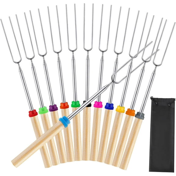 12Pcs Marshmallow Roasting Sticks, Extendable 12-32inch Stainless Steel Marshmallow Telescoping Forks for Grill and Campfire, Hot Dog Camping Accessories