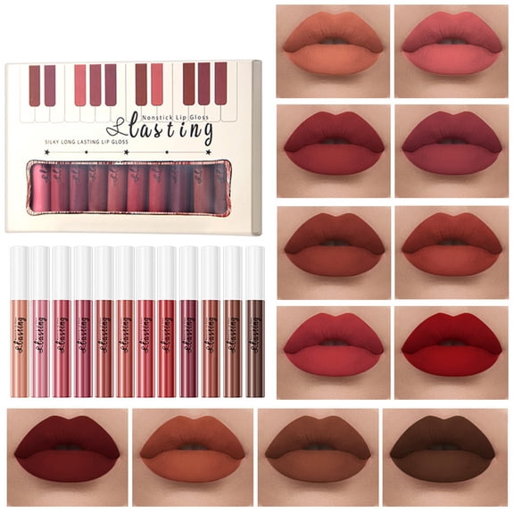 12Pcs Matte Liquid Lipstick Set for Girls & Women, 24 Hours Long Lasting Waterproof Nude Dark Red Lip Gloss Valentine Gift Makeup Kit, Non-Stick Cup Mate Duracion 24 Horas Originales Lip Stains