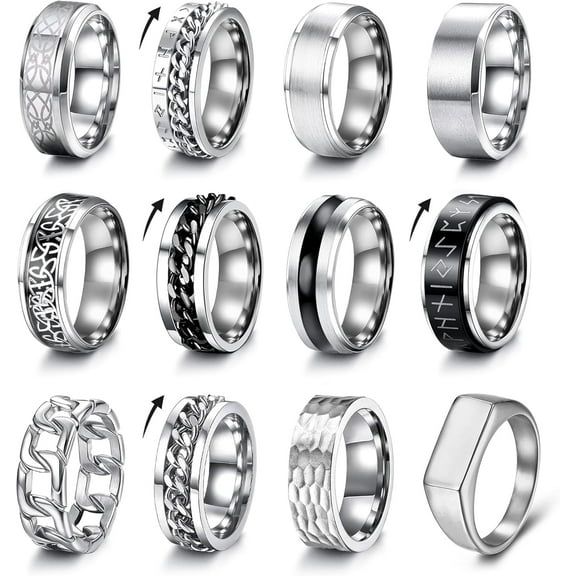 12Pcs Mens Stainless Steel Rings Cool Silver Band Ring for Men Women Spinner Chain Fidget Ring Simple Wedding Engagement Ring Set Size7-12