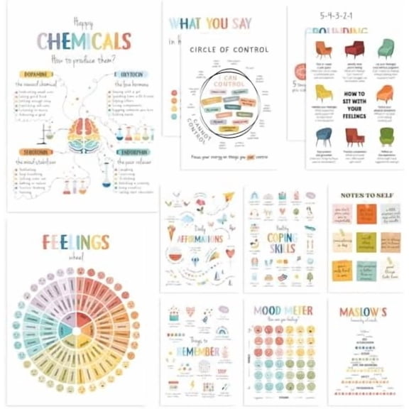 12Pcs Mental Health Posters 10"x14" Therapy Posters for Office Decor Calming Corner Mental Health Wall Art Poster for Home Classroom Counselor Counseling Office Psychologist Decor(therapy12)