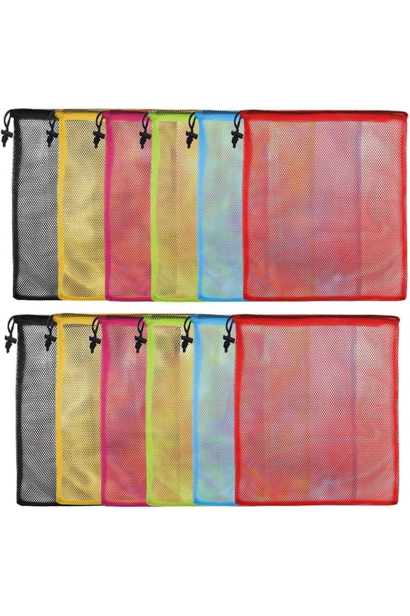 12-Pack Colorful Mesh Drawstring Bags for Laundry, Travel, Storage, Small Stuff , and Lightweight Organizer