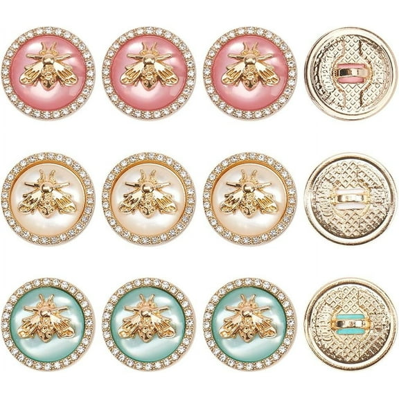 12Pcs Metal Rhinestone Button 3 Colors 3D Bee Round Button 18mm Gold Buttons with Bees & Rhinestone & Resin
