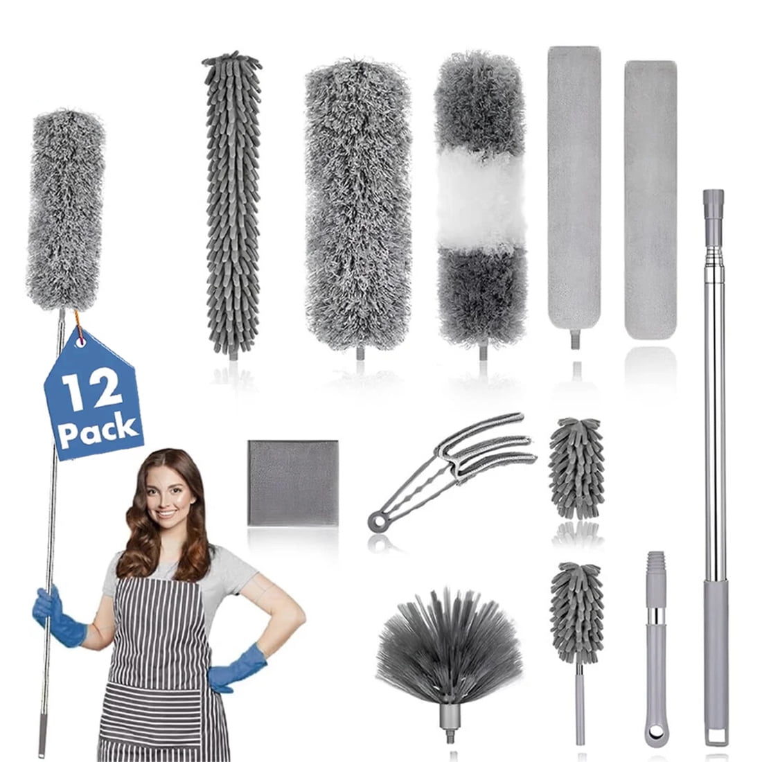 12Pcs Microfiber Duster Kit, Dusters for Cleaning with Detachable Extension Pole (16"-83") Washable Bendable Duster Cleaning Kit for High Ceiling, Furniture, Fan, Cobweb, Blinds