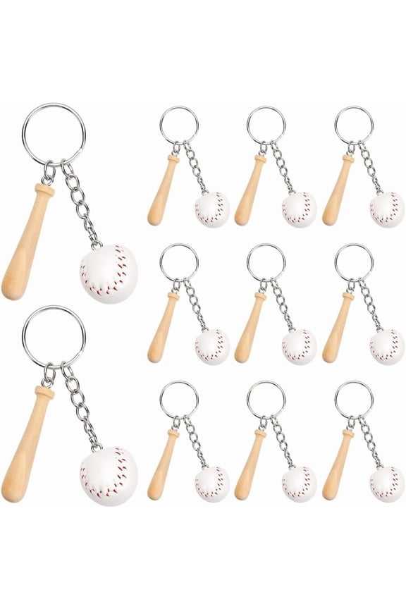 12Pcs Mini Baseball PU Leather Pendant Keychain with Wood Baseball Bat with Iron Finding White 8.2cm for Handmade
