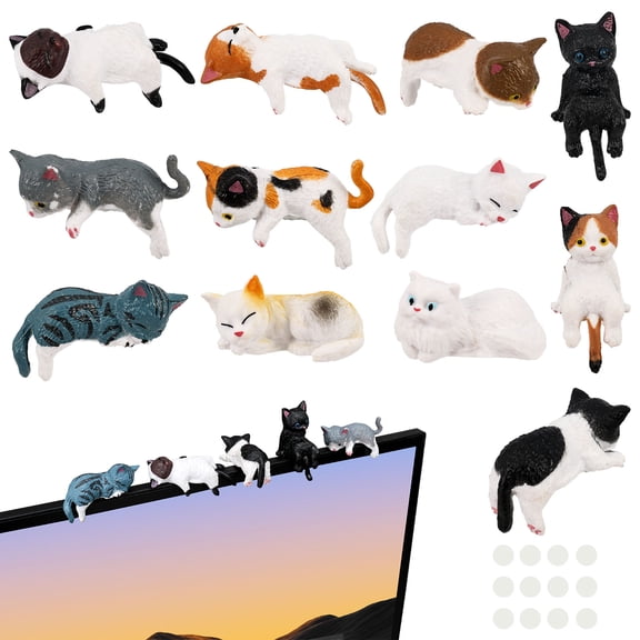 12Pcs Mini Cat Desk Figures Cute Kitten Figure Car Dashboard Rear View Mirror Cat Decoration for Car Interior Home Desk Office