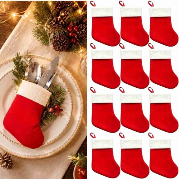 12Pcs Mini Christmas Stockings, Small Felt Christmas Ornament Stockings, Tiny Xmas Gift Treat Bags, Red White Mini Stockings for Tree Decor, Tableware Holder
