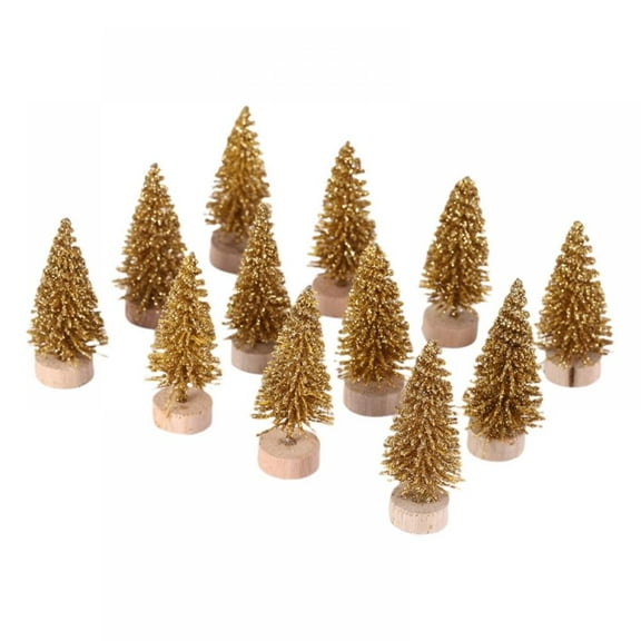 12Pcs Mini Christmas Tree Desktop Christmas Tree Model Snow Sisal Trees with Wood Base Christmas Decoration Table Decor