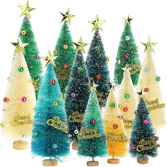 12Pcs Mini Christmas Trees, Colorful Small Bottle Brush Trees, Snow Frosted Mini Sisal Trees with Wood Base, Tabletop Miniature Pine Trees for Crafts, Xmas Table Decor