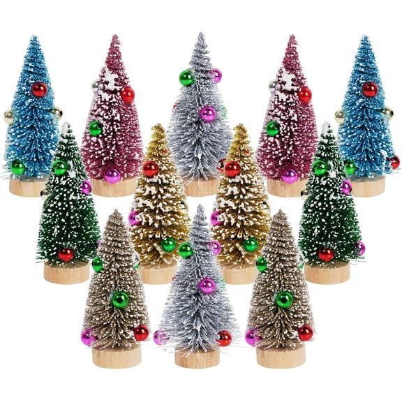 12Pcs Mini Christmas Trees, Small Sisal Pine Trees with Wood Base, Mini Artificial Bottle Brush Trees, Assorted Color for Christmas Winter Decoration