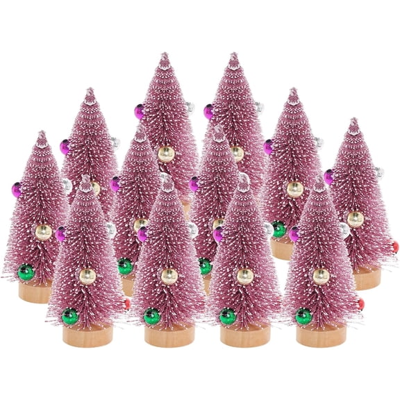 12Pcs Mini Christmas Trees Small Sisal Trees Mini Pine Trees with Wood Base Mini Bottle Brush Trees Artificial Mini Christmas Trees Assorted Color for Christmas Winter Decoration