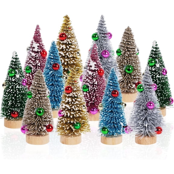 12Pcs Mini Christmas Trees Small Sisal Trees Mini Pine Trees with Wood Base Mini Bottle Brush Trees Artificial Mini Christmas Trees Assorted Color for Christmas Winter Decoration