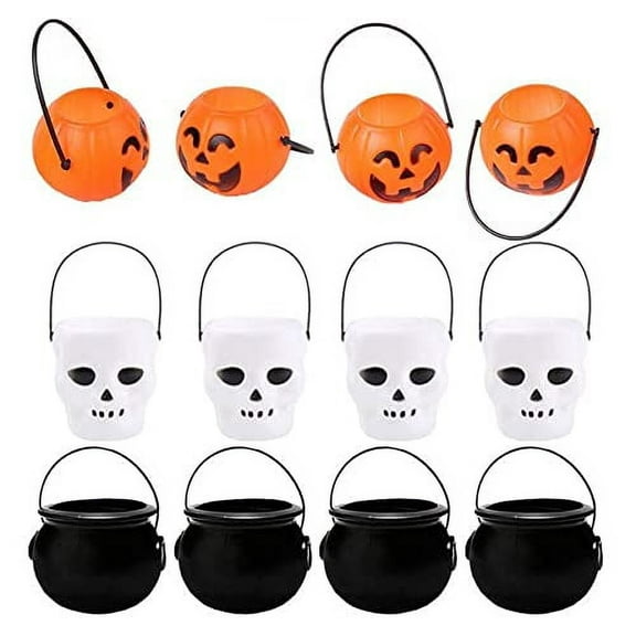 12Pcs Mini Halloween Pumpkin Bucket Plastic Candy Bowl, Novelty Children Trick or Treat Bucket,Black Wizard Witch Cauldron Pot