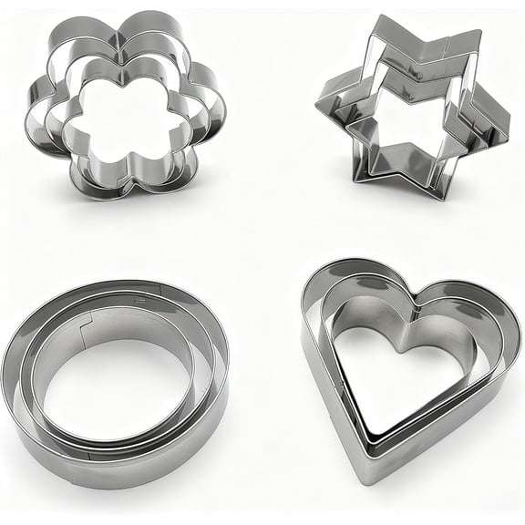 12Pcs Mini Metal Cookie Cutters Variety Pack - Stainless Steel Baking Gift for Kids, 4 Shapes (Heart/Star/Flower/Round) for Holiday Baking