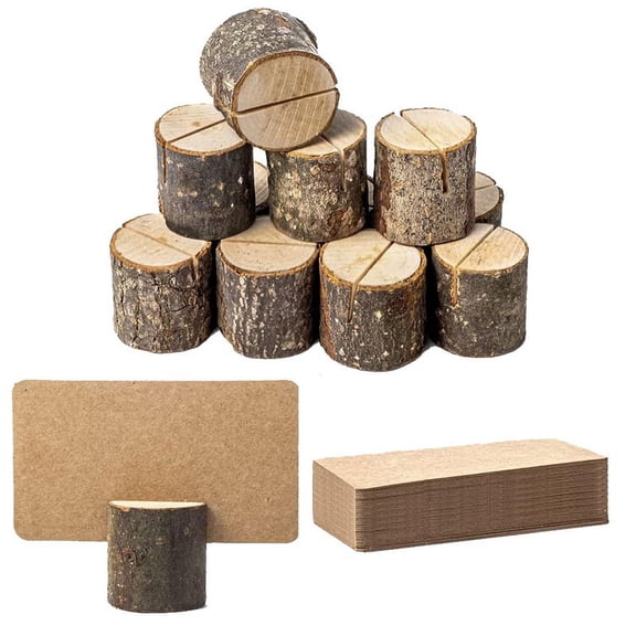 12Pcs Mini Premium Wood Place Card Holders and 24Pcs  Table Place Cards, Rustic Mini Table Number Holders