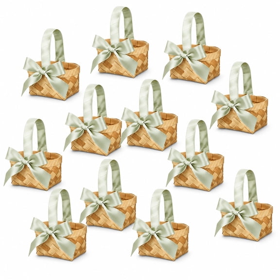 12Pcs Mini Woven Baskets with Sage Green Ribbon, Small Wicker Party Favor Baskets for Wedding Favors, Bridal Shower Decorations, Birthday Party Supplies and Rustic Event Decor