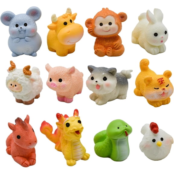 12Pcs Miniature Chinese Zodiac Animal Figurines Mini Cow Rabbit Dragon Tiger Dog Monkey Pig Figures Cartoon Resin Cake Toppers for DIY Micro Landscape Craft Home Table Decors
