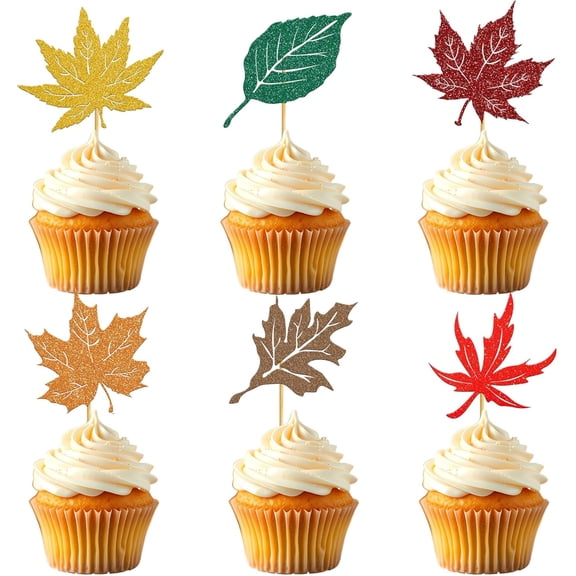 12Pcs Mixed Multi Color Glitter Fall Leaf Cupcake Toppers, Assorted Maple Leaves Cupcake Picks for Thanksgiving Harvest Party Cupcake Topper Decor