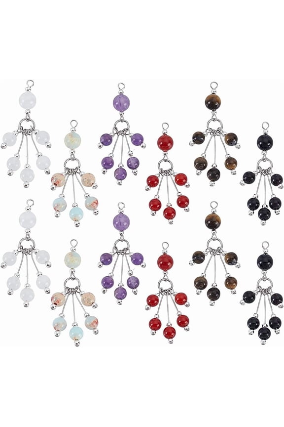 12Pcs Mixed Stone Round Tassel Big Pendants with Findings Aqua Terra Jasper Black Onyx Carnelian White Amethyst Tiger Eye 54mm for Handmade