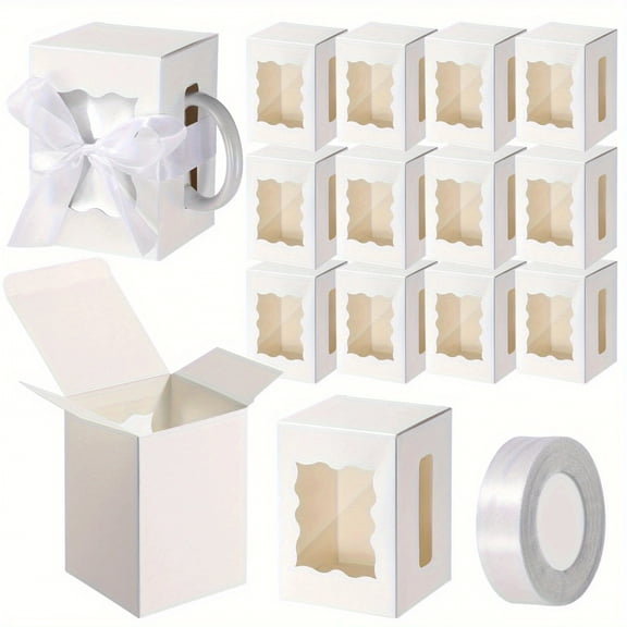 12Pcs Mug Gifts Boxes with 1 Roll Ribbon, Transparent Gift Packaging Box for Wrapping 11-12oz Blanks Sublimation Mugs, Mugs Wine
