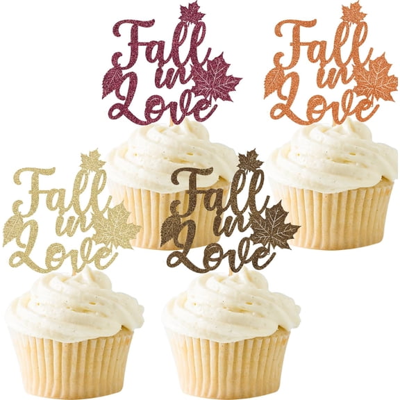 12Pcs Multi Color Fall In Love Maple Leaf Cupcake Toppers, Glitter Fall Wedding Engagement Cupcake Picks for Autumn Bridal Shower Wedding Anniversary Party Decor
