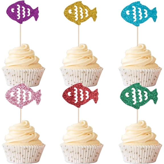 12Pcs Multicolor Glitter Fish Cupcake Toppers, Cute Fish Silhouette Cupcake Picks for Ocean Beach Kids Birthday Underwater Party Cake Decorations