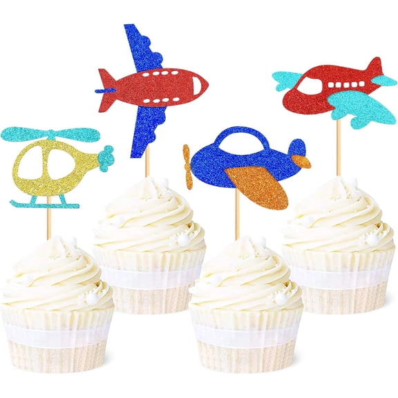 12Pcs Multicolor Glitter Mixed Airplane Helicopter Cupcake Toppers, Cartoon Plane Propeller Aircraft Cupcake Picks for Adventure Travel Kids Birthday Party Dessert Topper