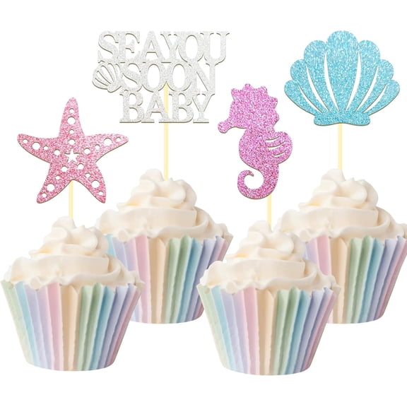 12Pcs Multicolor Glitter Under the Sea Baby Shower Cupcake Toppers, "Sea You Soon Baby" Themed Cake Picks with Starfish, Seahorse and Seashell