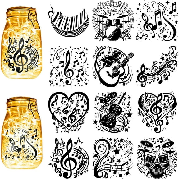 12Pcs Musical Note Silhouettes Mason Jar Decor Guitar Drum Laser Cut Cardboard Scrapbook Wall Window Glass 3.9x3.5Inch-No Sticker Colorful