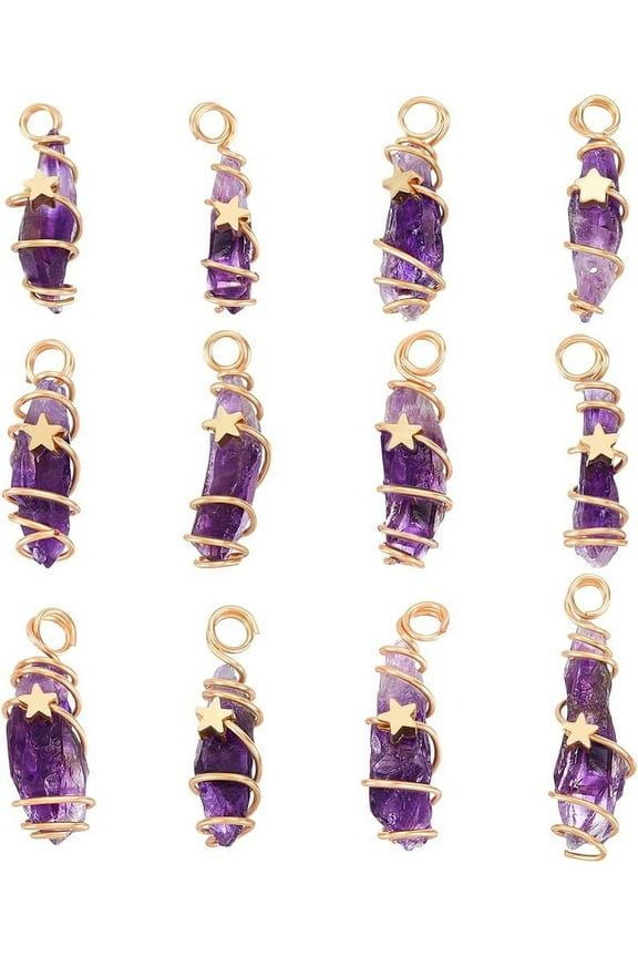 12Pcs Natural Amethyst Crystal Pendant Gold Plated Wire Wrapped Crystal Gemstones Pendant with Star Decorations Healing Stones Pendant Charms for Necklaces Earrings Jewelry Making