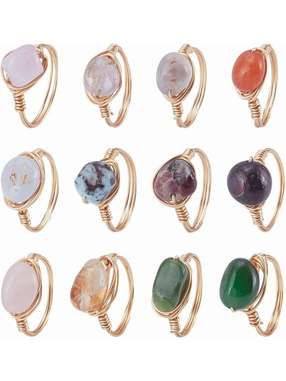 12Pcs Natural Gemstone Finger Rings with Copper Wire Golden 1.2mm Inner Diameter: 17mm Craft Supplies