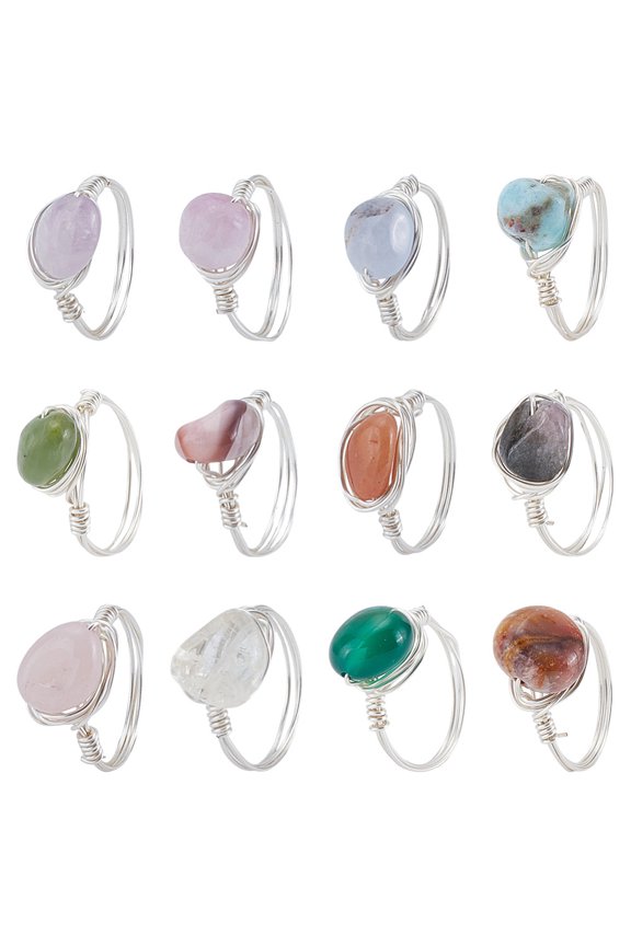 12Pcs Natural Gemstone Finger Rings with Copper Wire Silver 1.2mm Inner Diameter: 17mm