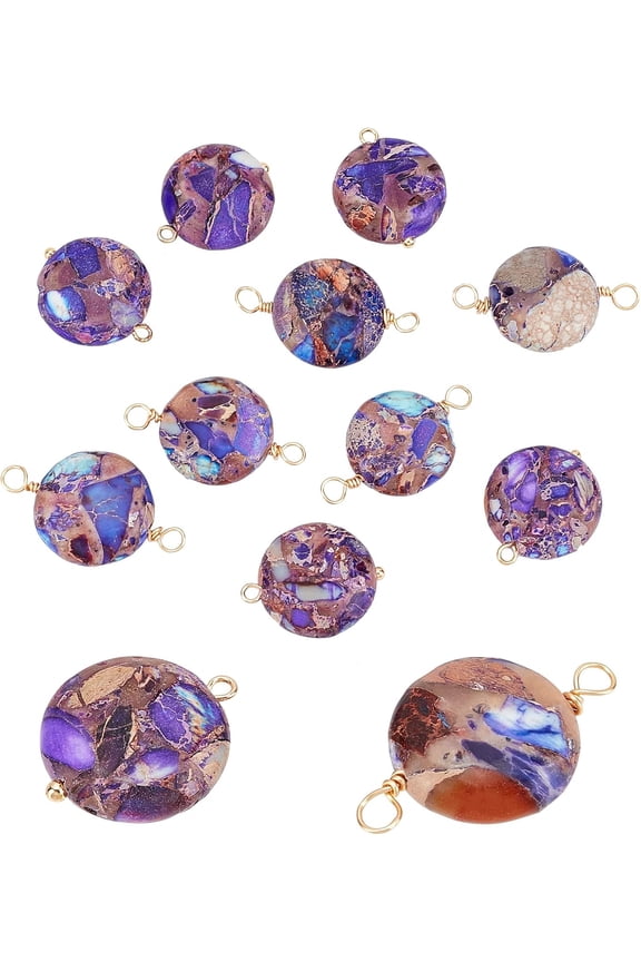12Pcs Natural Imperial Jasper Links Connectors Pendants 19x15.5x6mm Gold Plated Purple Natural Round Irregular Snake Skin Jasper Stone for DIY Necklaces Bracelets Jewelry Making Golden