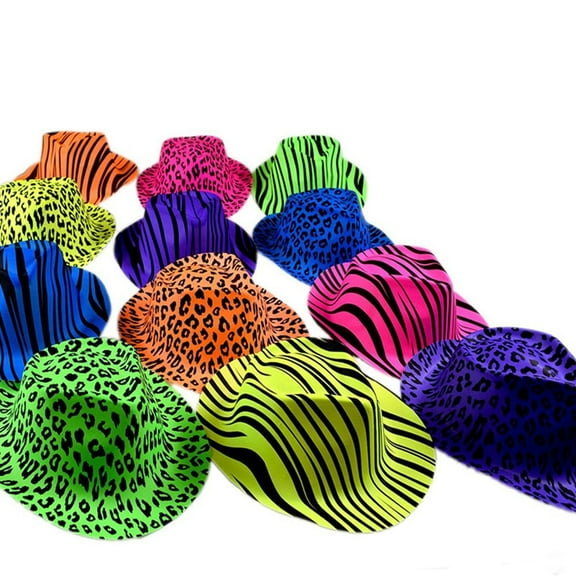 12Pcs Neon Animal Print Plastic Party Hats - Fedora with Gangster Mafia Style - UV Blacklight Glow Party Stars Rave Hats