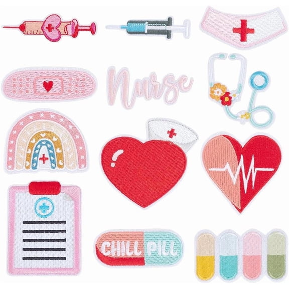 12Pcs Nurse Patches Nurse Doctor Patches Nurse's Day Patch Tender Pink Embroidered Applique for Women Clother Bags Hats Decoration 1set