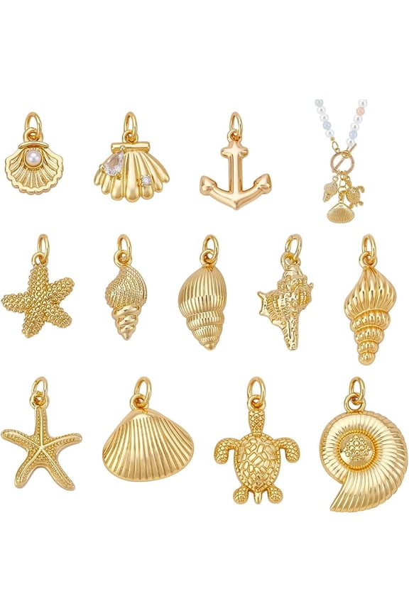 12Pcs Ocean Theme Charms Real 18K Gold Plated Beach Seashell Jewelry Brass Ocean Animal Charms Golden Marine Starfish Summer Charm