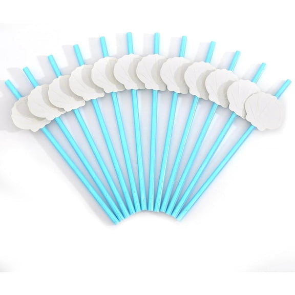 12Pcs Ocean-Themed Blue Drinking Straws with White Shell Accents - Perfect for Beach Weddings & Birthday Parties,Shell