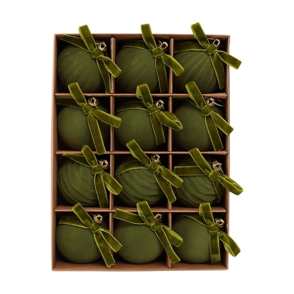 12Pcs Olive Green Velvet Christmas Ornaments, Fluted Baubles with Bows, Shatterproof Holiday Tree Decor for Rustic Home Farmhouse Xmas Party, 2.36"