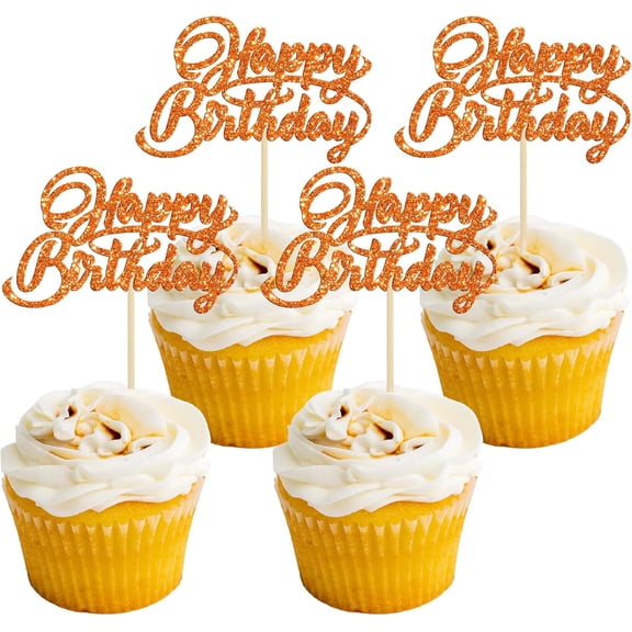 12Pcs Orange Glitter Happy Birthday Cupcake Toppers, Picks for Birthday Party Cake Decorations
