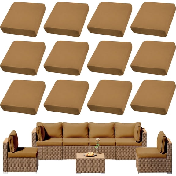 12Pcs Outdoor Cushion Covers, Patio Cushion Covers,Stretch Elastic Slipcovers, Replacement Washable & Reusable Furniture Protector for Patio Couch (Camel Color,Cover Only)