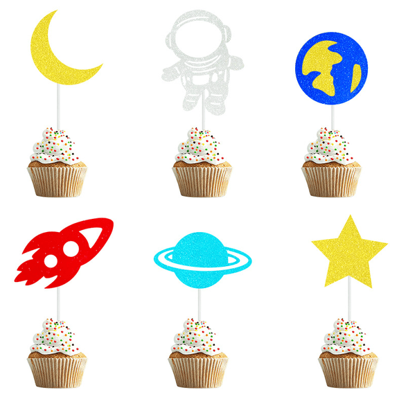12Pcs Outer Space Cupcake Toppers Gold Red Blue White Glitter Astronaut Rocket Moon Planet Star Cake Picks Space Galaxy Astronaut Boys Kids Birthday Baby Shower Planet Theme Party Cupcake Decorations