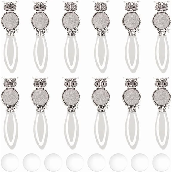 12Pcs Owl Shape Animal Bookmarks Kits Alloy Cabochon Bookmark Silver Bookmarks Settings with Round Tray and Fit