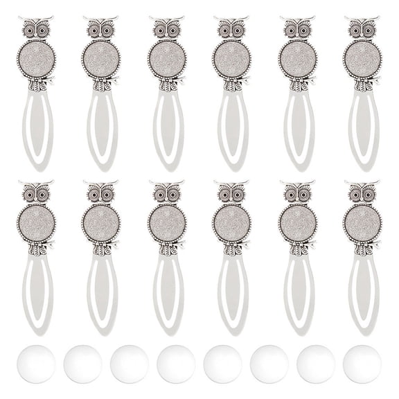 12Pcs Owl Style Alloy Bookmarks Cabochon Settings with Round Tray and Fit for Rhinestone Cadmium Free Lead Free