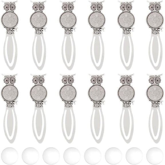 12Pcs Owl Tibetan Style Alloy Bookmarks Cabochon Settings with Round Tray and Fit for Rhinestone Cadmium Free Antique Silver 88x22.5x3mm